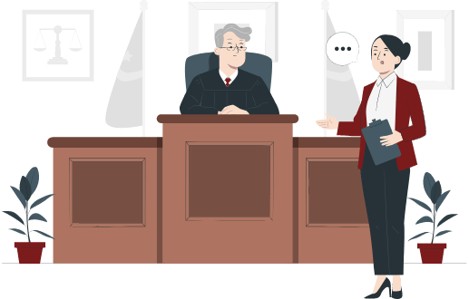 Imagen animada de una abogada hablando con un juez con dos plantas