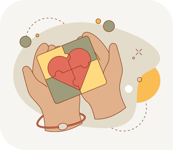 Ilustración de una mano con una pulsera en la muñeca y un corazón en forma de puzzle en las manos